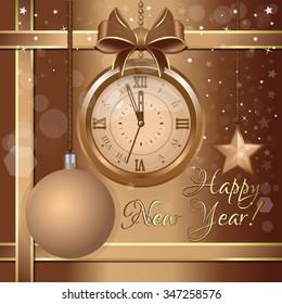 Beige festive background with a gold watch and Christmas decorations. Happy New Year. Vector Christmas card.