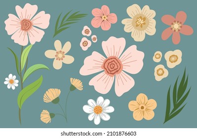 Beige field flowers vector illustration set. Boho wedding design with wild flower collection. Pastel chamomile.
