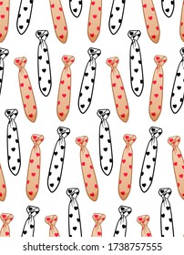 Beige flat style and black outline style neckties with hearts print seamless pattern. Decoration for card, wrapper and textile. White background, vector.