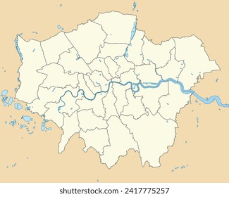 Beige flat vector administrative map of LONDON, ENGLAND with black border lines and waterways of its local authority districts