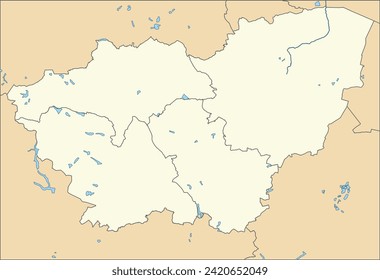 Beige flat vector metropolitan administrative map of SOUTH YORKSHIRE, ENGLAND with black border lines and waterways of its local authority districts