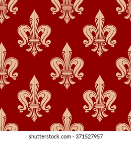 Beige fleur-de-lis floral elements on maroon background seamless pattern. For textile or interior design