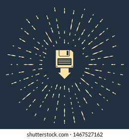 Beige Floppy disk backup icon isolated on dark blue background. Diskette sign. Abstract circle random dots. Vector Illustration