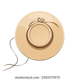 Beige floppy straw sun hat with wide brim, decorative brown ribbon, and chin strings. Flat accessory concept. Stylish panama. Perfect for summer, beach or outdoor projects. Vector illustration.