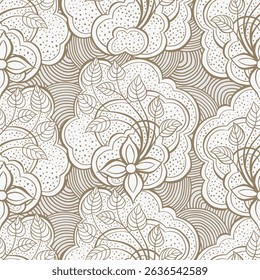 Beige Floral Abstract Line Art Doodles Seamless Pattern Featuring Intricate Leaves, Flowers and Decorative Elements, Elegant Vector Repeatable Illustration for Coloring Book Page Design
