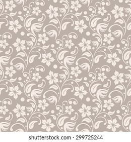 Beige floral background. leafs and dots seamless vector. Tender colors textile pattern.