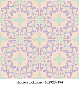 Beige floral background. Seamless pattern with violet and blue elements for wallpapers, textile and fabrics