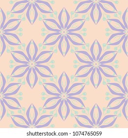 Beige floral background. Seamless pattern with violet and blue elements for wallpapers, textile and fabrics