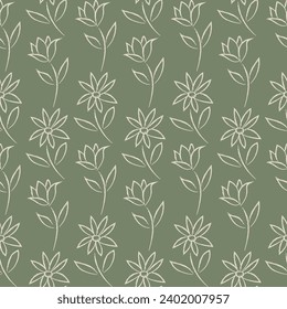 
Beige floral brush stroke seamless pattern on a green background for textile, fabric, wallpaper, wrapping, and home decor