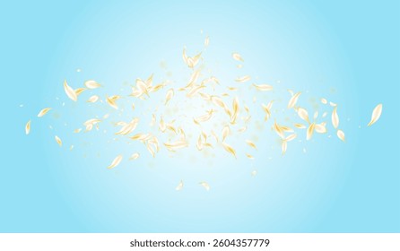 Beige Floral Fly Vector Blue Background. Delicate Beauty Flower Poster. Light Blossom Fall Illustration. White Peach Tender Design. Summer Cherry Backdrop.