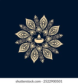 A beige floral pattern with a central diya on a dark background. Perfect for festive, religious or decorative use.