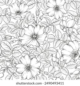 Beige floral pattern with Rose. Botanical rosehip