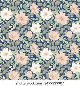 Beige floral pattern with Rose. Botanical rosehip