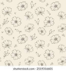 Patrón floral beige con rosa. Rosa mosqueta botánica
