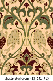 Beige floral pattern. Seamless filigree ornament. Tropical template for wallpaper, textile, shawl, carpet and any surface. Pattern with flowers and hummingbird.