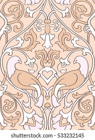 Beige floral pattern. Seamless filigree ornament. Stylized template for wallpaper, textile, bedspread, curtain, shawl, tile, carpet and any surface. Color background with birds and flower.