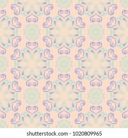 Beige floral seamless pattern with violet and blue designs for wallpapers, textile and fabrics