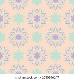 Beige floral seamless pattern with violet and blue designs for wallpapers, textile and fabrics