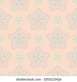 Beige floral seamless pattern with violet and blue designs for wallpapers, textile and fabrics