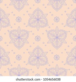 Beige floral seamless pattern with violet and blue designs for wallpapers, textile and fabrics
