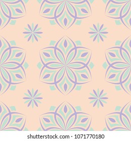 Beige floral seamless pattern with violet and blue designs for wallpapers, textile and fabrics