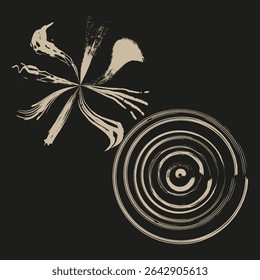 Beige floral swirl. Concentric spiral rings. Organic abstract blossom. Vector decorative emblem.