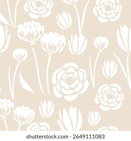 Beige floral wildflower silhouette  seamless pattern for fabric, textiles, clothing, wallpaper, cover, banner, home decor, florals backgrounds