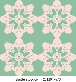 Beige flower on green mint background pastel seamless pattern vector illustration, flat design floral pattern