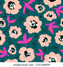 Beige flowers abstract pattern. Trendy hand-drawn vector floral pattern design. Seamless texture for web, textile and stationery. Modern vibrant abstract florals and leaves.