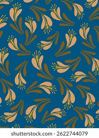 Beige flowers and leaves pattern on blue background, illustrations vector, aesthetic for wallpaper, wall decor, templates covers, art prints. Aesthetic