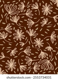 Beige flowers with leaves patterns on maroon background for branding, fabric print, wallpaper, social media post, doodle, notes, book covers, wall decor.