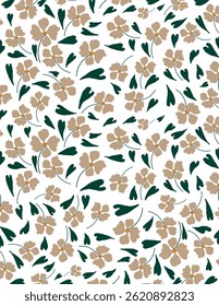 Beige Blumen und Blätter Muster auf weißem Hintergrund für Web-Banner, Branding-Paket, Stoffdruck, Tapete, Social-Media-Post, Doodle, Notizen, Buchumschläge, Wanddekoration.