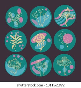 Beige flowers on a round abstract background. The background is an emerald color with the addition of pink and blue