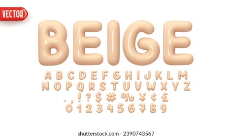 Beige Font realistic 3d design. Complete alphabet and numbers from 0 to 9. Collection Glossy letters in cartoon style. Fonts voluminous inflated from balloon. Vector illustration