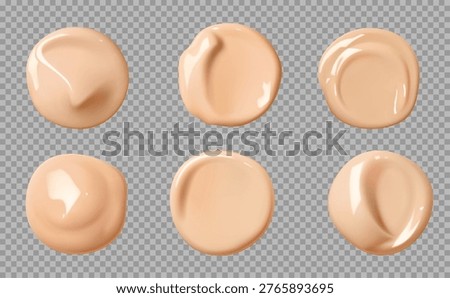 Beige foundation cream swatch, makeup and skincare cosmetics. Vector 3d splash drops of liquid foundation, makeup base, concealer and bb cream swatches with smooth texture on transparent background