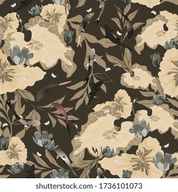 Beige fowers and cream leaves of lotuses lily, koi carps in tan brown color water. Seamless hand-drawn vector illustration with a pond. Square repeating design for fabric and wallpaper.