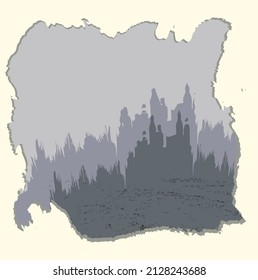 In a beige frame with jagged gray edges, shadows that look like a castle and a forest
