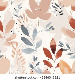 Beige French Grey Brown Terra Colorful Leaf Fern Flower Garden Abstract Watercolor Scandinavian Design Seamless Pattern Wallpaper Curtain Bedding Background Vector
