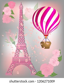 Beige French Paris background with Eiffel Tower and air balloons.