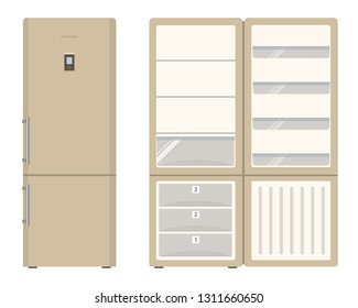 Beige fridge. An empty refrigerator with an open door, no food. Food and drink storage equipment. Vector illustration on a white background