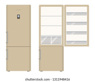 Beige fridge. An empty refrigerator with an open door, no food. Food and drink storage equipment. Vector illustration on a white background