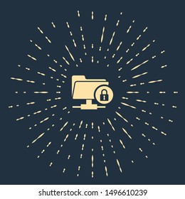 Beige FTP folder and lock icon on dark blue background. Concept of software update, ftp transfer protocol. Security, safety, protection concept. Abstract circle random dots. Vector Illustration
