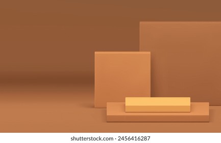 Beige geometric 3d podium pedestal mock up for cosmetic product show presentation realistic vector illustration. Neutral stand with squared wall background shopping sale commercial advertising