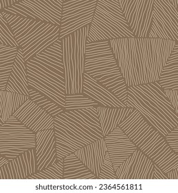 Beige geometric pattern of hand drawn textured geometric tiles. Seamless doodle background of stripy earth tone mosaic fragments