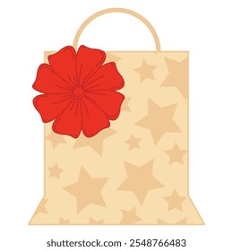 Beige gift bag with red flower and star patterns, Vector