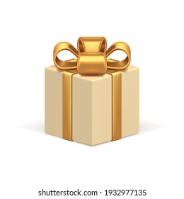 Beige gift box 3d vector icon. Celebration holiday surprise tied with realistic luxurious gold ribbon. Event of holiday wedding anniversary and elegant symbol sudden pleasant greeting.