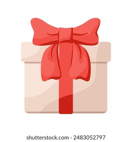 Beige gift box with a lush red bow. Cube shape present box, tied with red wrapping ribbon, standing in a front view. Vector isolated on transparent background