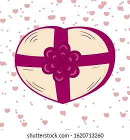 Beige gift box in the shape of a heart with pink ribbon and bow. Vector cartoon illustration. Surprise for Valentine's Day. Design postcard, invitation, sticker, print t shirt, flier.For February 14th