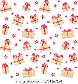 Beige gift boxes with different patterns, red ribbons and bows on a white background with red stars. Vector seamless pattern for festive design, Christmas wallpaper, banner, wrapping paper, packaging