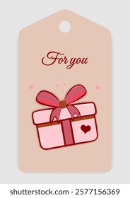 Beige gift tag featuring For You text and pink wrapped present with a bow and heart details. Perfect for Valentine's day, special occasions and gift wrapping. Vector